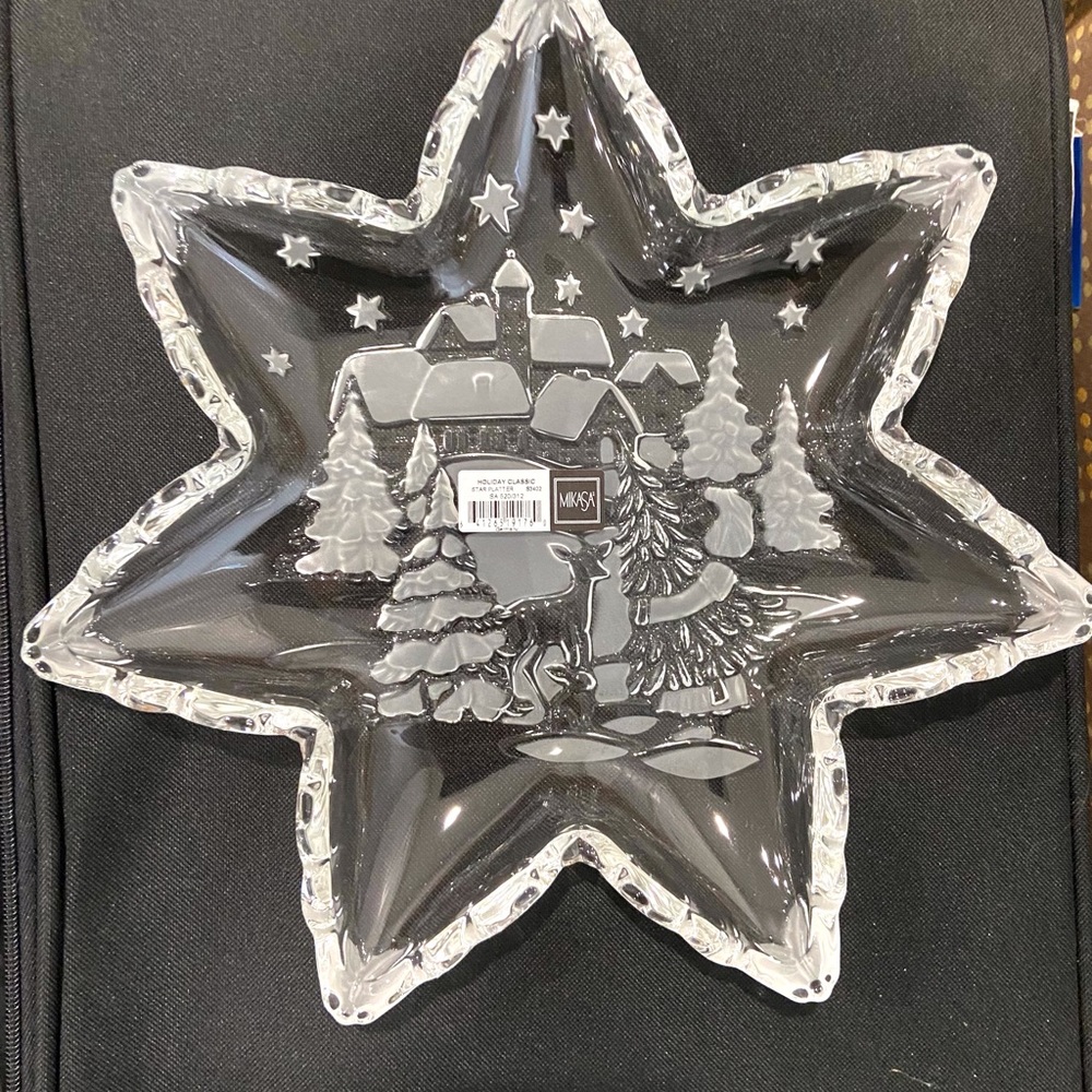 MIKASA Glass Star Shaped Christmas Tree Embossed Holiday Platter Germany NWOT